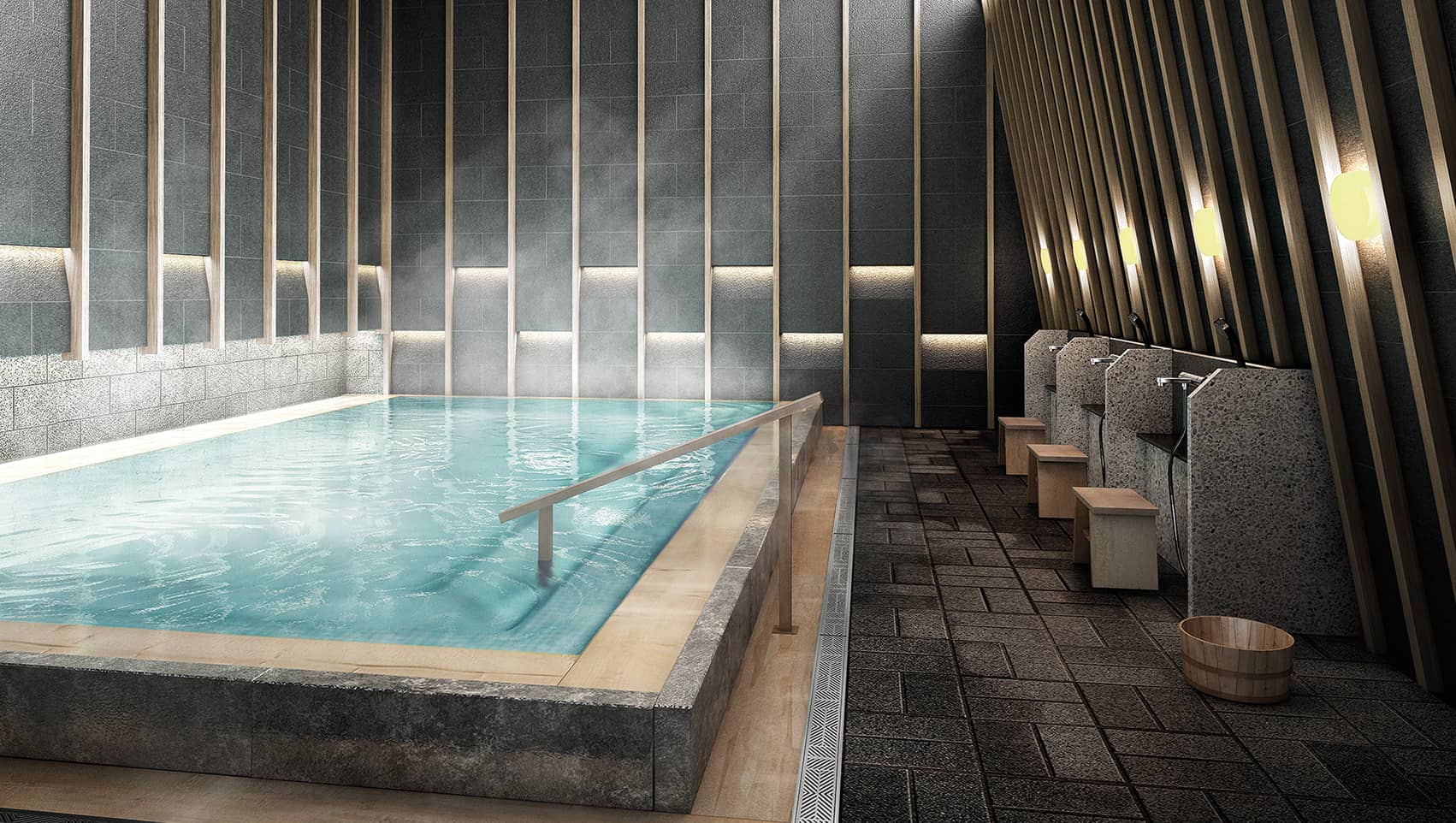 Chalermnit Art De Maison rendering of indoor pool with steam, wooden slat walls และ bathing stools