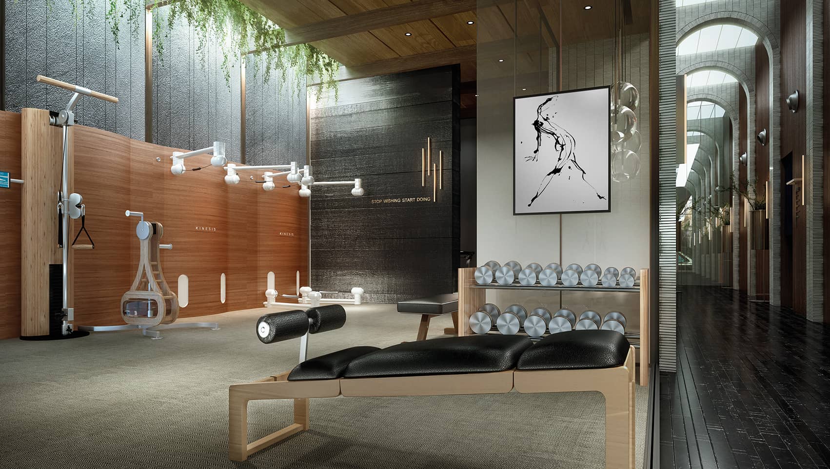 Chalermnit Art De Maison rendering of gym with weight machines และ stretching bench