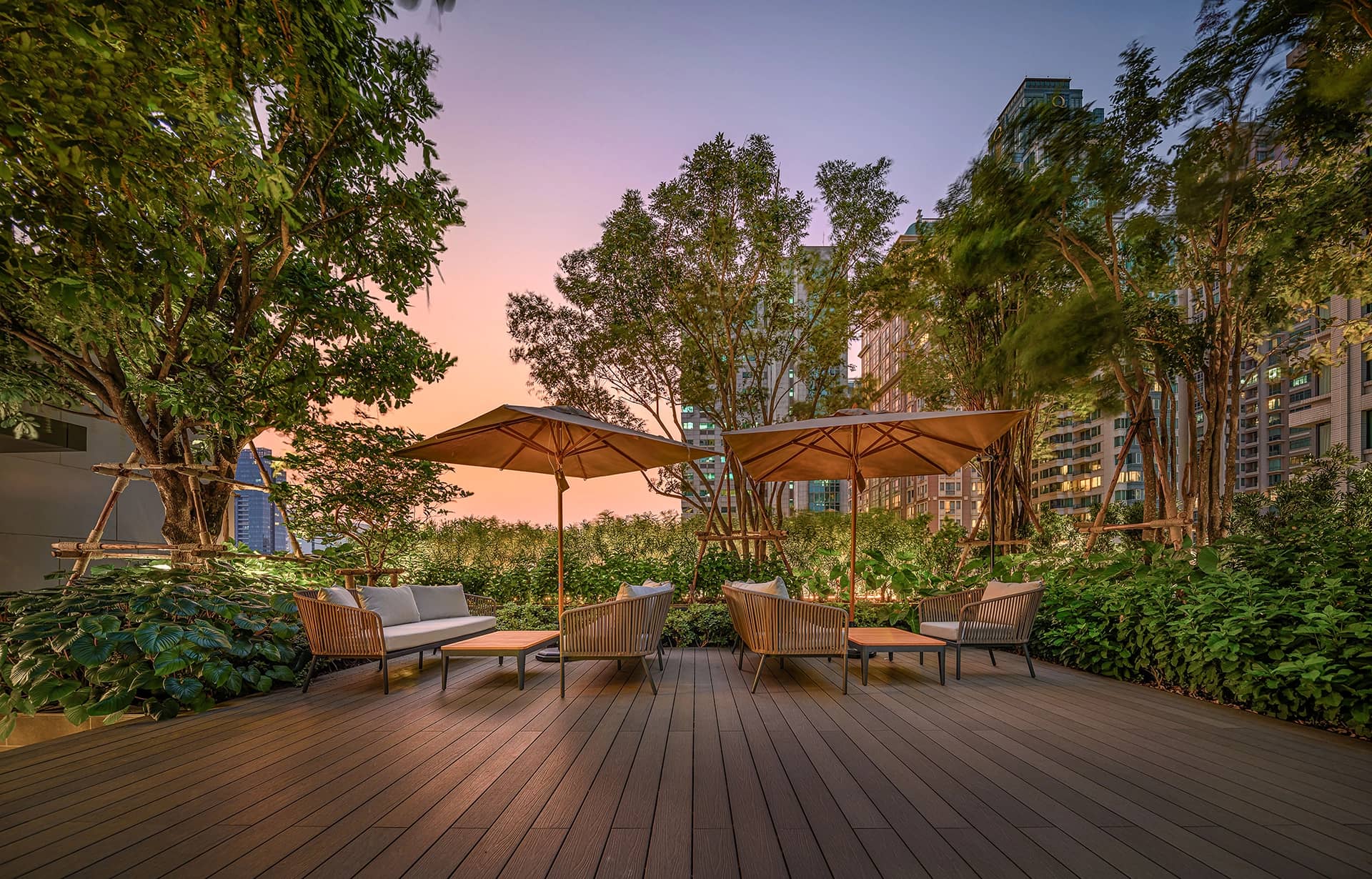 Baan Sindhorn garden seating at sunset published by Siam Sindhorn