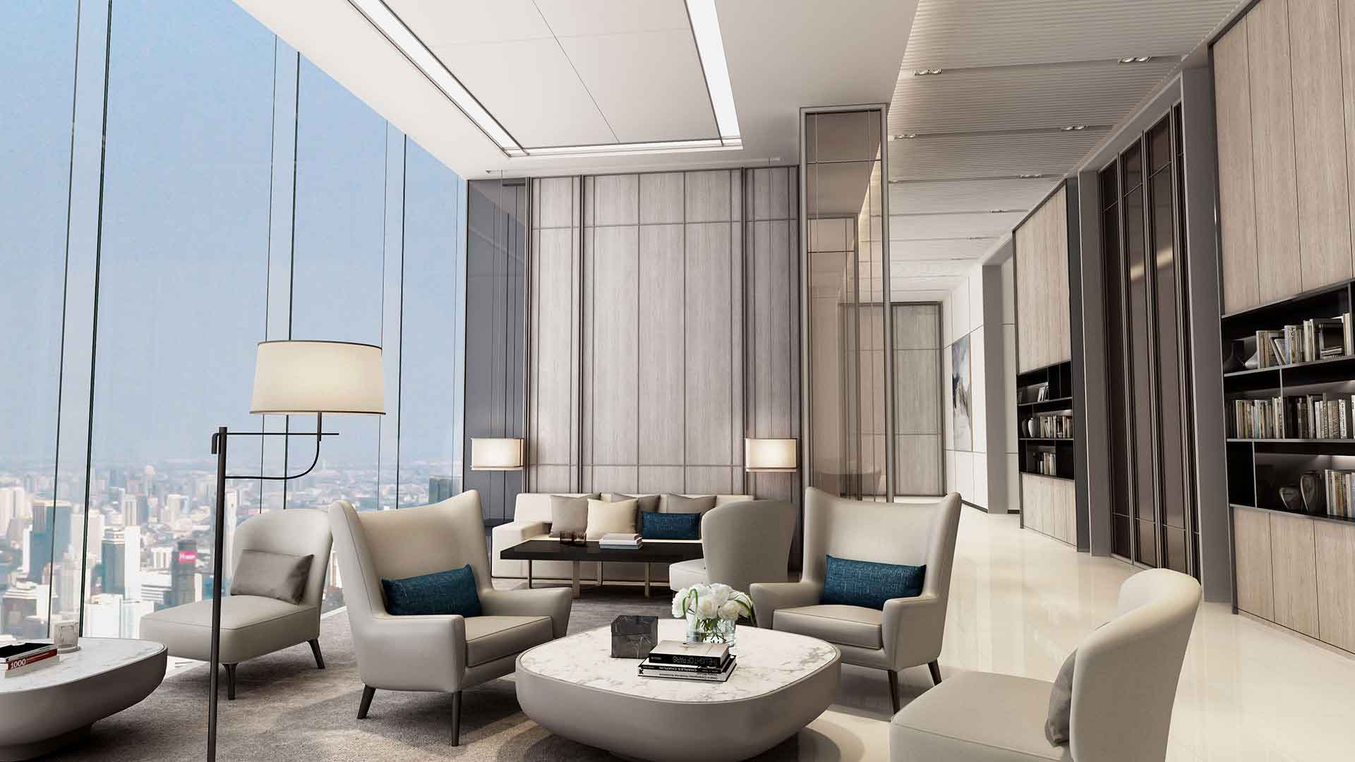 Architectural rendering of the library lounge at Banyan Tree Residences Riverside Bangkok