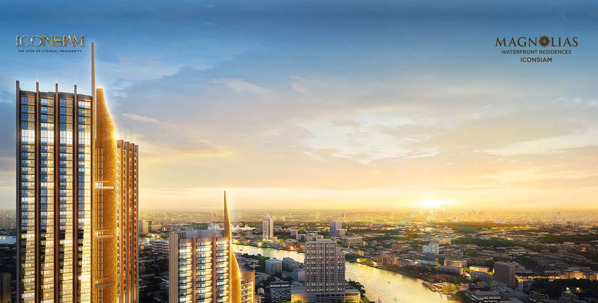 Magnolias Waterfront Residences rendering of the tower at sunset over the Chao Phraya river (rendering, small ICONSIAM and Magnolias logos in corners)