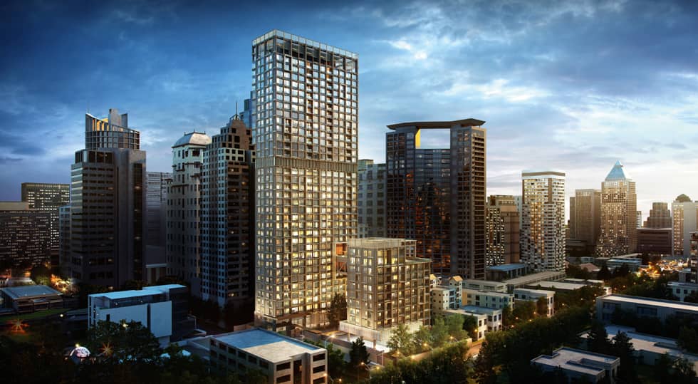 Sindhorn Residence towers on Langsuan at dusk, exterior rendering