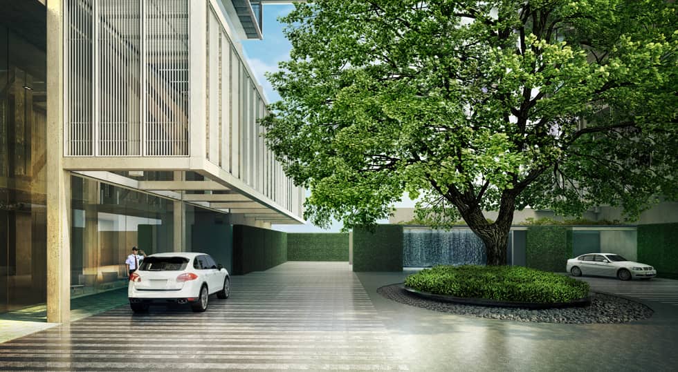 Sindhorn Residence entrance drop-off with large tree, rendering