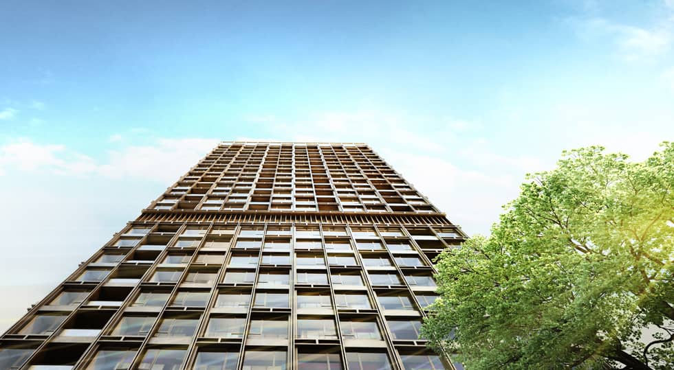 Sindhorn Residence tower facade seen from below, exterior rendering