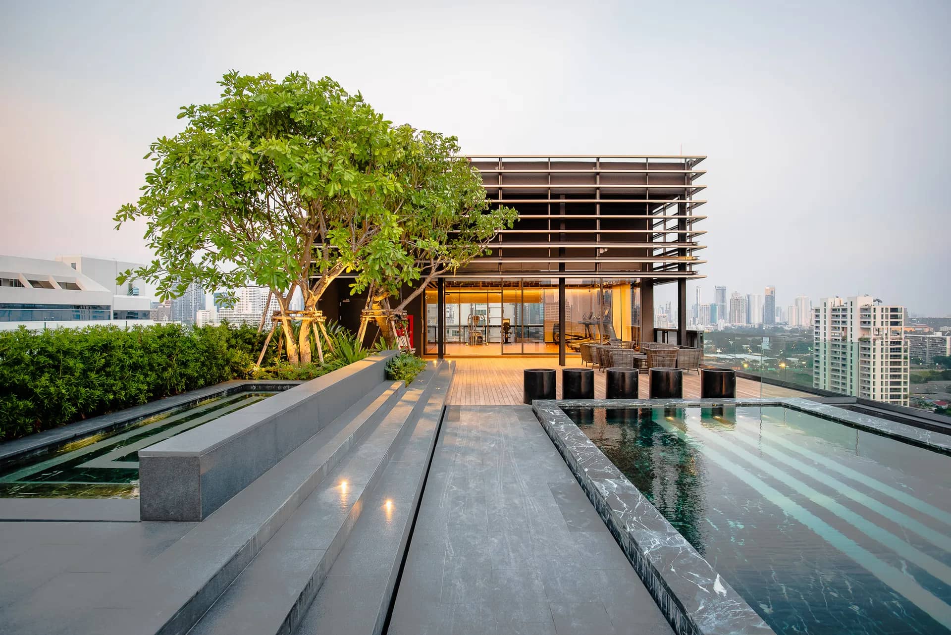 Sindhorn Tonson rooftop water feature and pavilion with tree