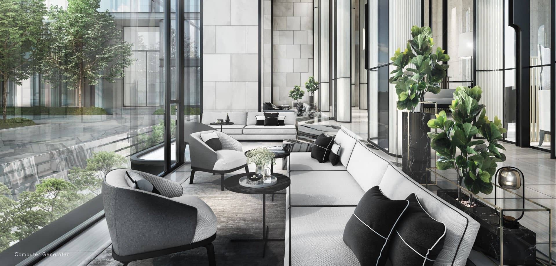 The Reserve Sathorn lounge with marble walls, plants and armchairs, rendering