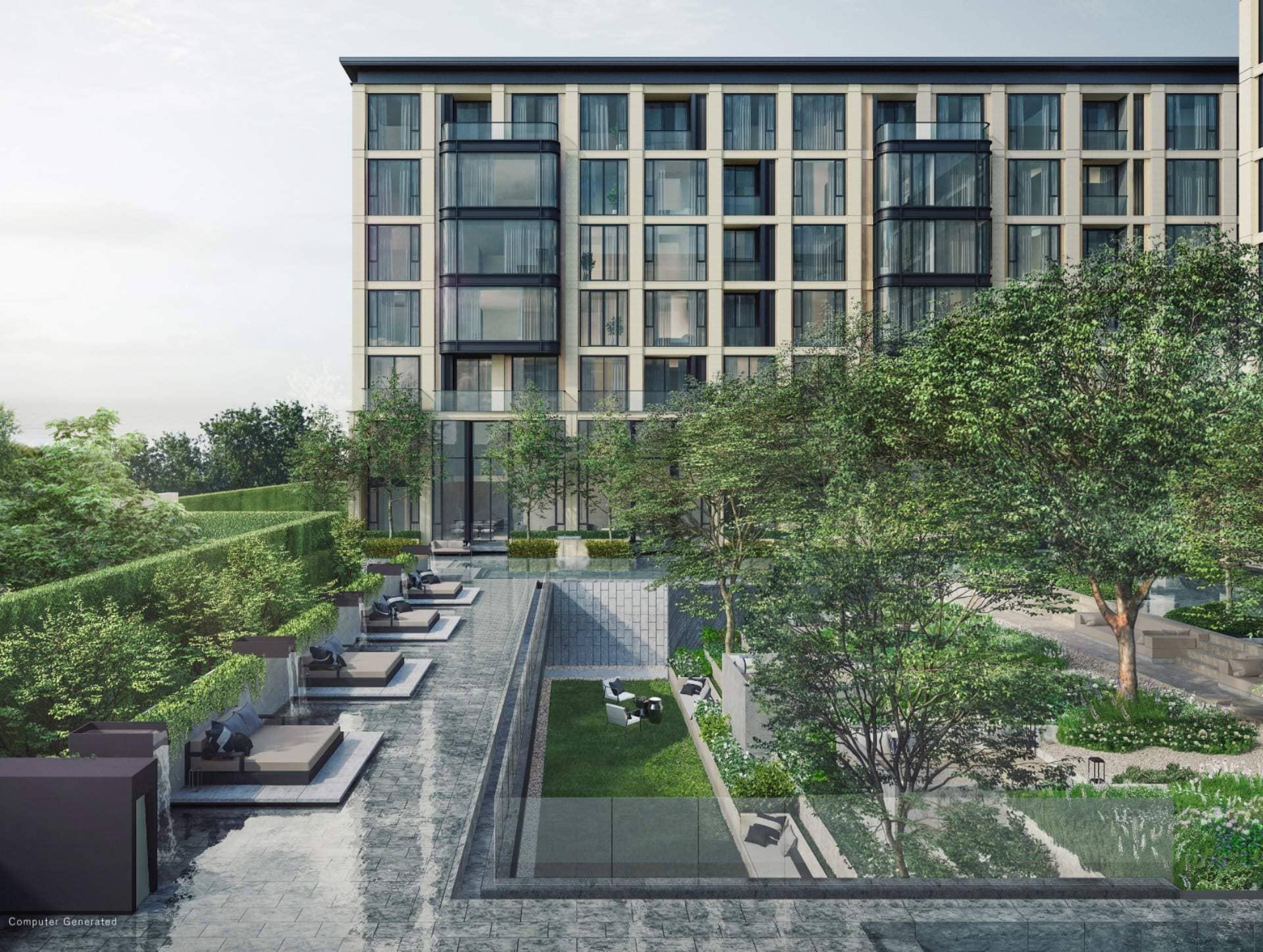 The Reserve Sathorn garden pool deck with sun loungers and trees, rendering