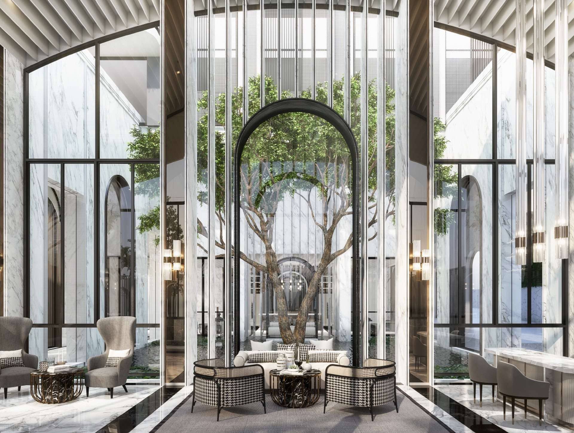 The Reserve Sathorn Crystal Lounge with arched glass atrium and indoor tree, rendering