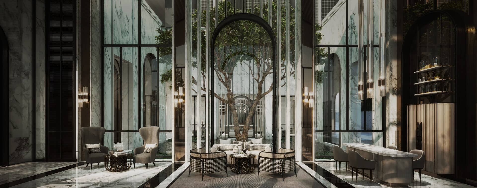 The Reserve Sathorn arched lobby with lounge seating and trees, rendering