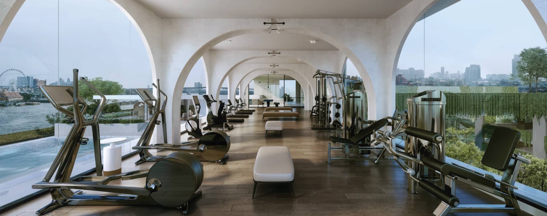 Chapter Charoennakhorn Riverside artist impression of the gym with arched windows facing the Chao Phraya River