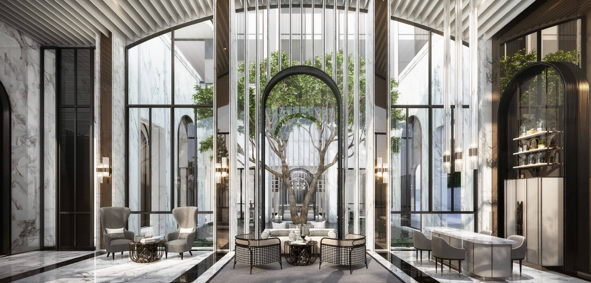 The Reserve Sathorn Crystal Lounge seating under a double-height arch, rendering