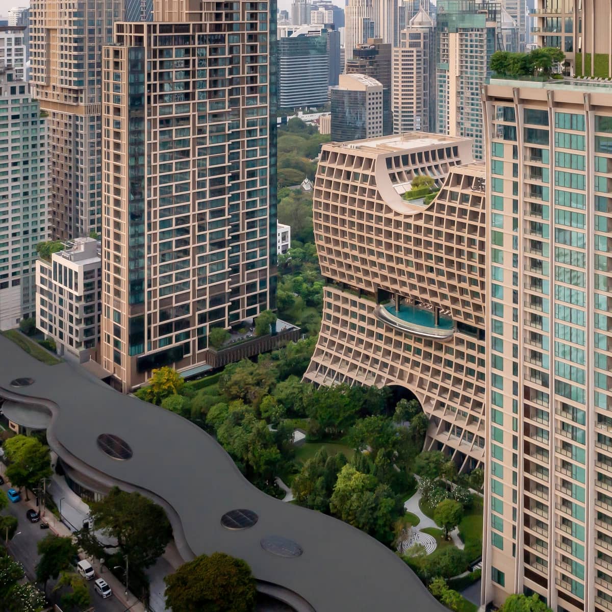 The Residences at Sindhorn Kempinski Hotel Bangkok towers and Sindhorn Village gardens from above