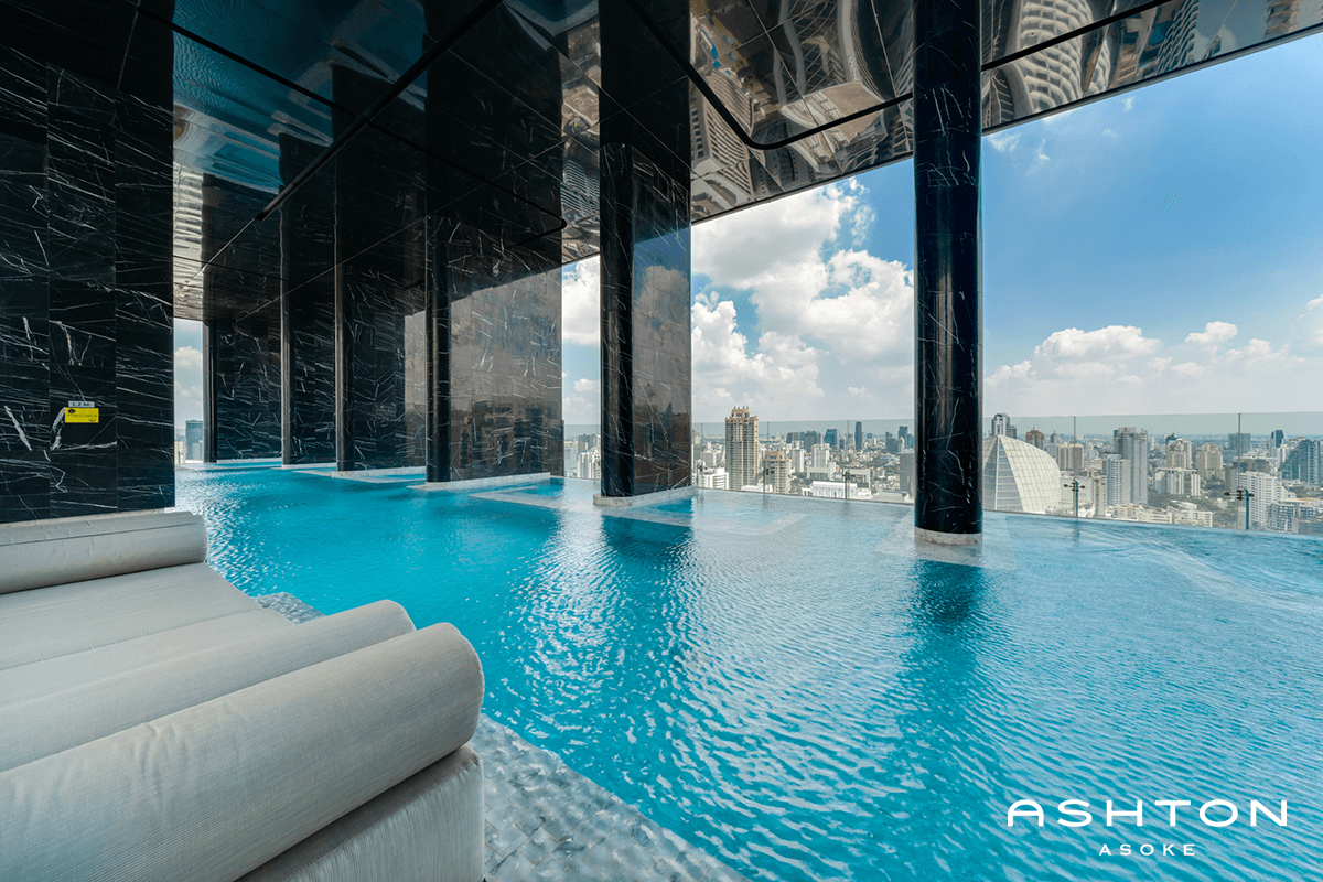 Ashton Asoke rooftop infinity pool with city skyline view