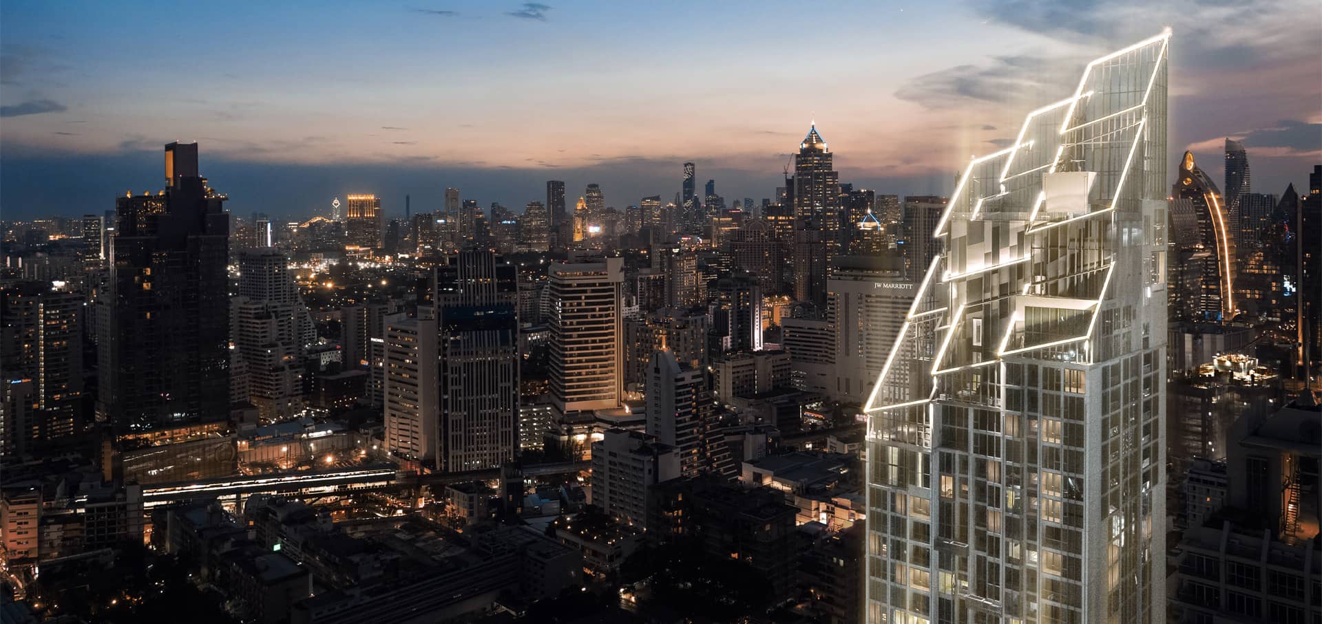 Hyde Sukhumvit 11 tower crown at night over the Bangkok skyline, rendering