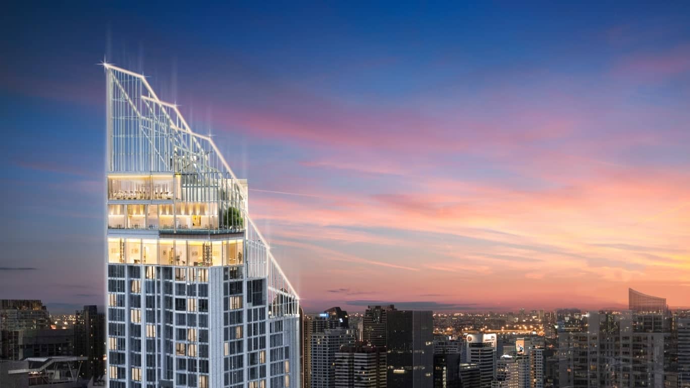 Hyde Sukhumvit 11 tower top at dusk, rendering