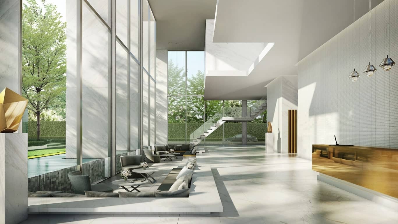 Hyde Sukhumvit 11 double-height lobby with garden view, rendering