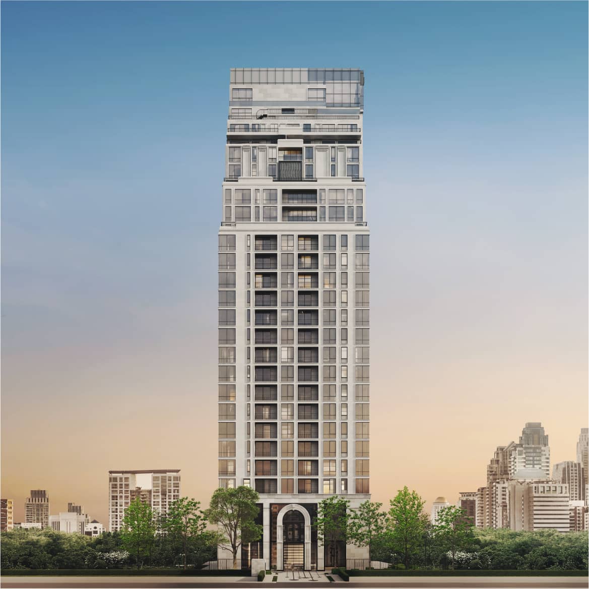 Muniq Langsuan tower facade with arched entrance, artist rendering