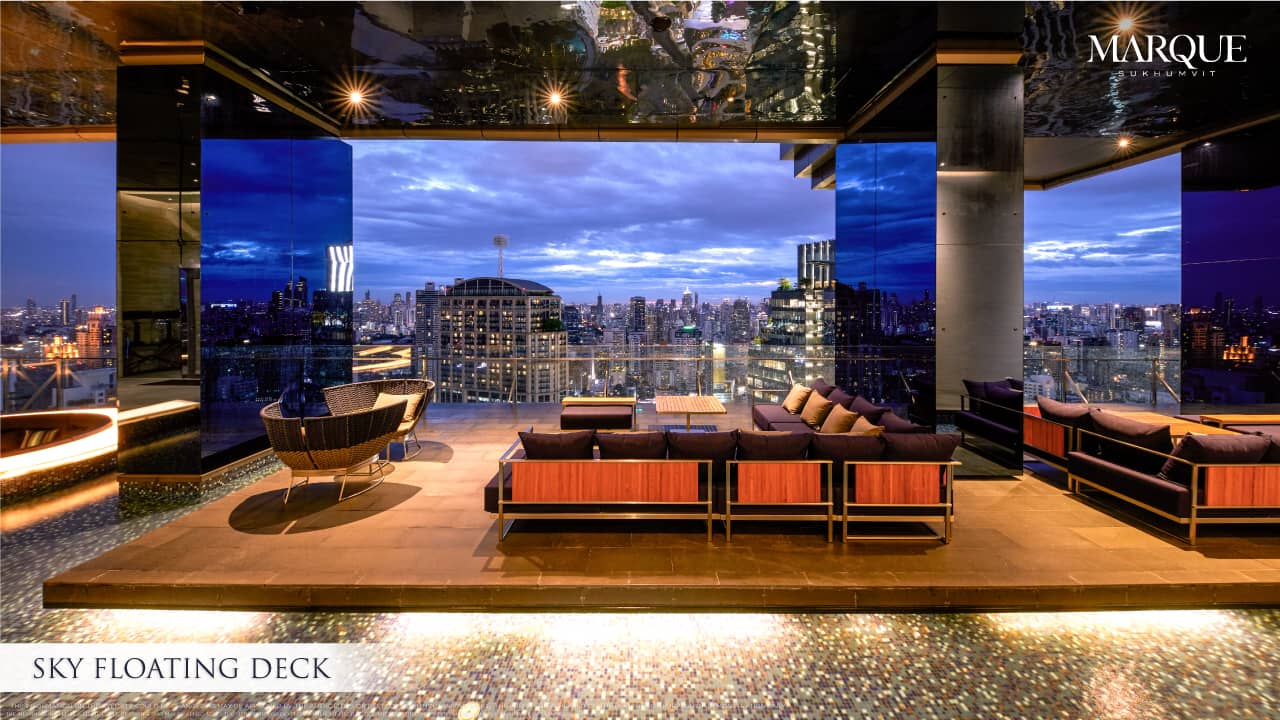 Marque Sukhumvit sky floating deck lounge at dusk