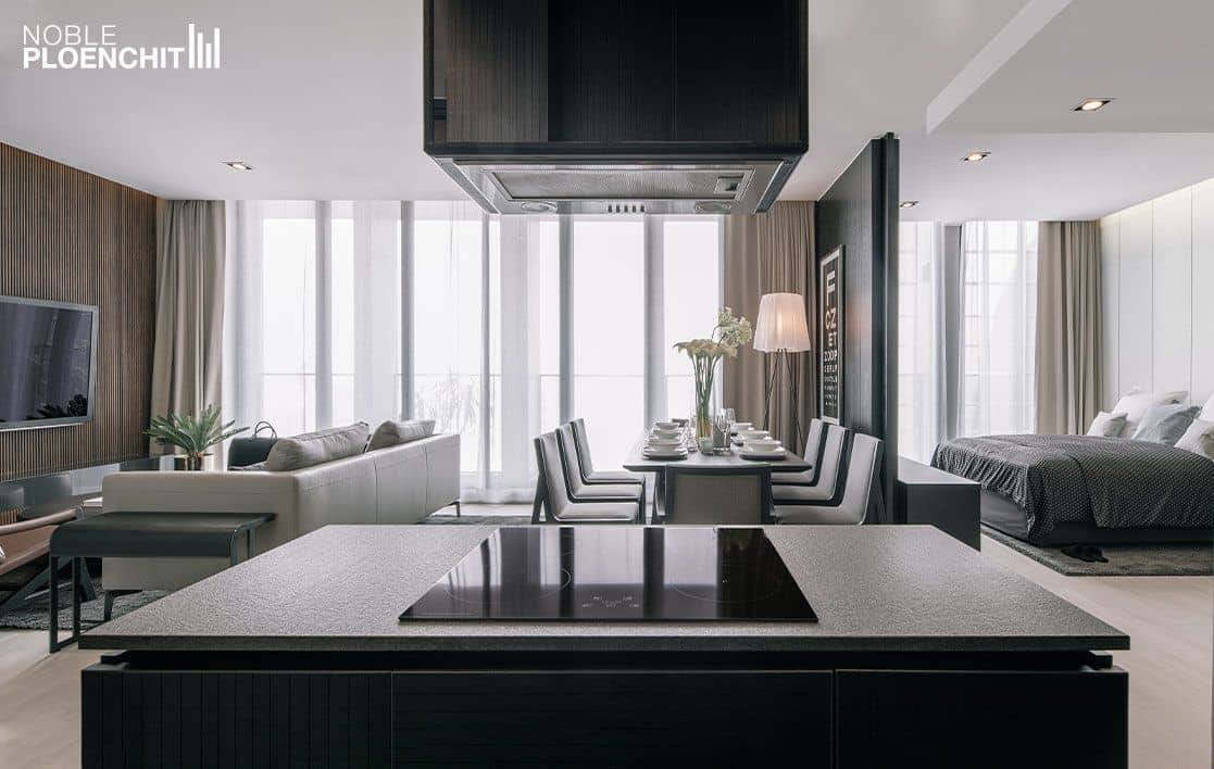 Noble Ploenchit show residence kitchen and living room