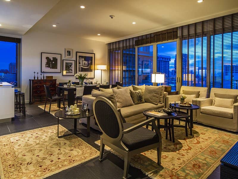185 Rajadamri show residence living room at dusk