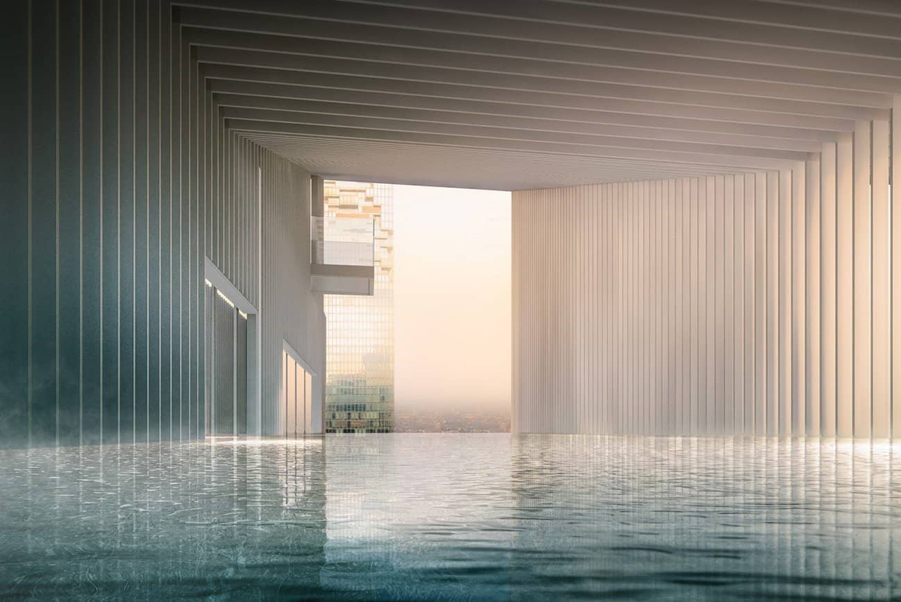 Tait Sathorn 12 rendering of the cavern pool with vertical wood fins and water surface