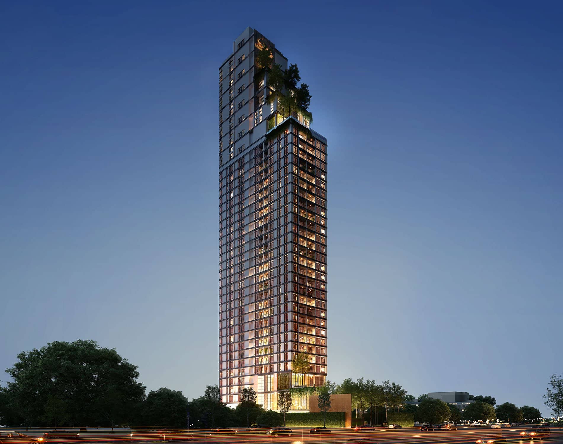 The Lofts Asoke tower at dusk, rendering