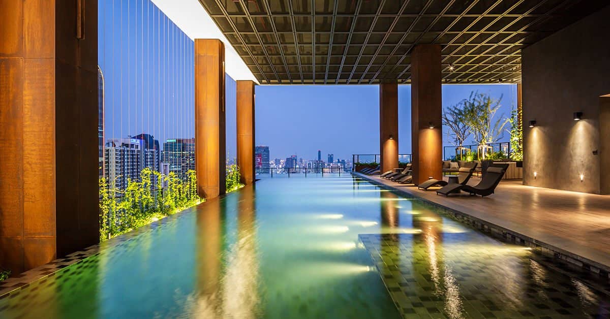 Rooftop infinity pool at dusk