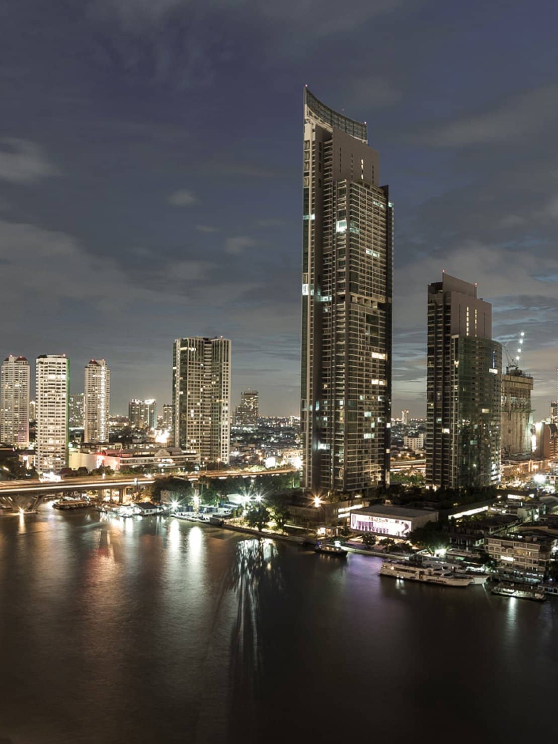 The River towers on the Chao Phraya at night