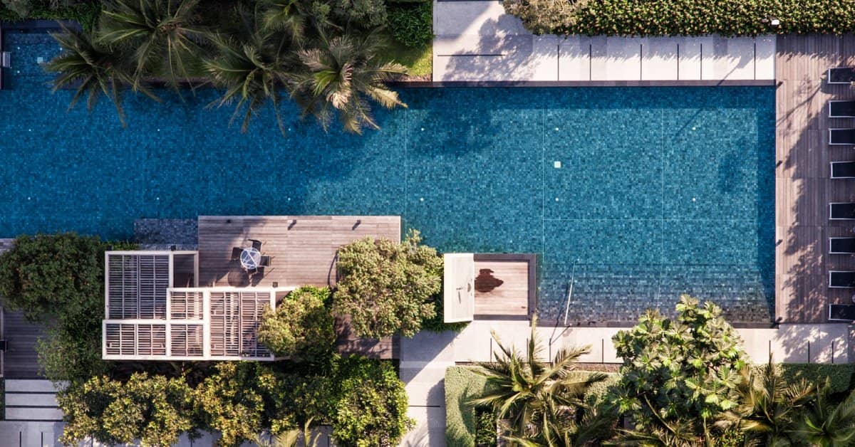 Aerial view of the main pool and garden