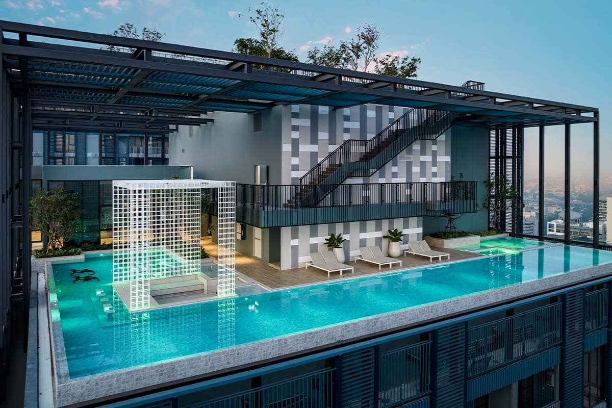 XT Phayathai rendering of rooftop pool with glass cylinder and loungers
