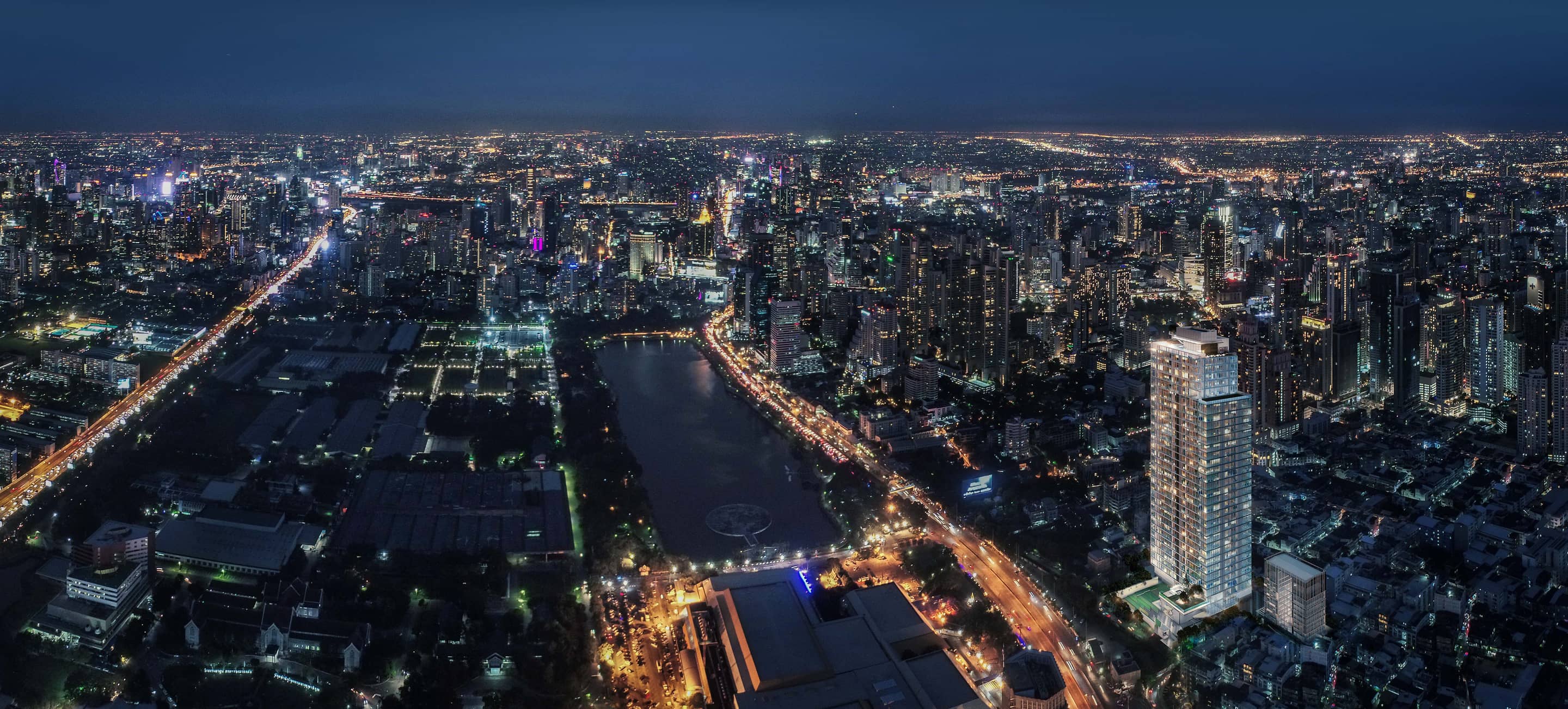 Siamese Exclusive Queens tower at night, aerial rendering