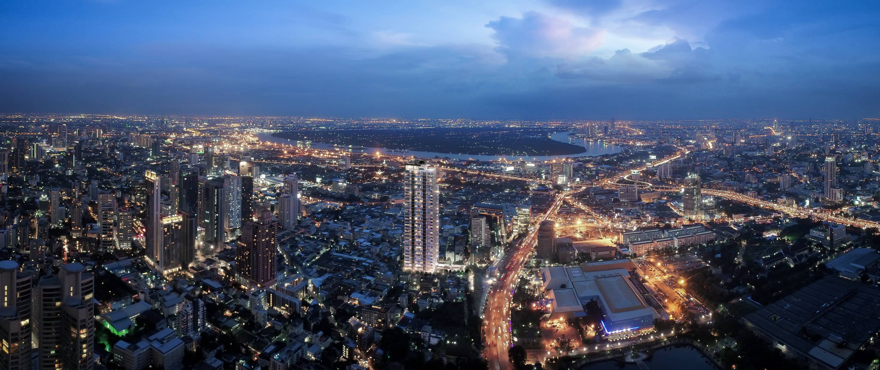 Siamese Exclusive Queens tower at dusk, aerial rendering