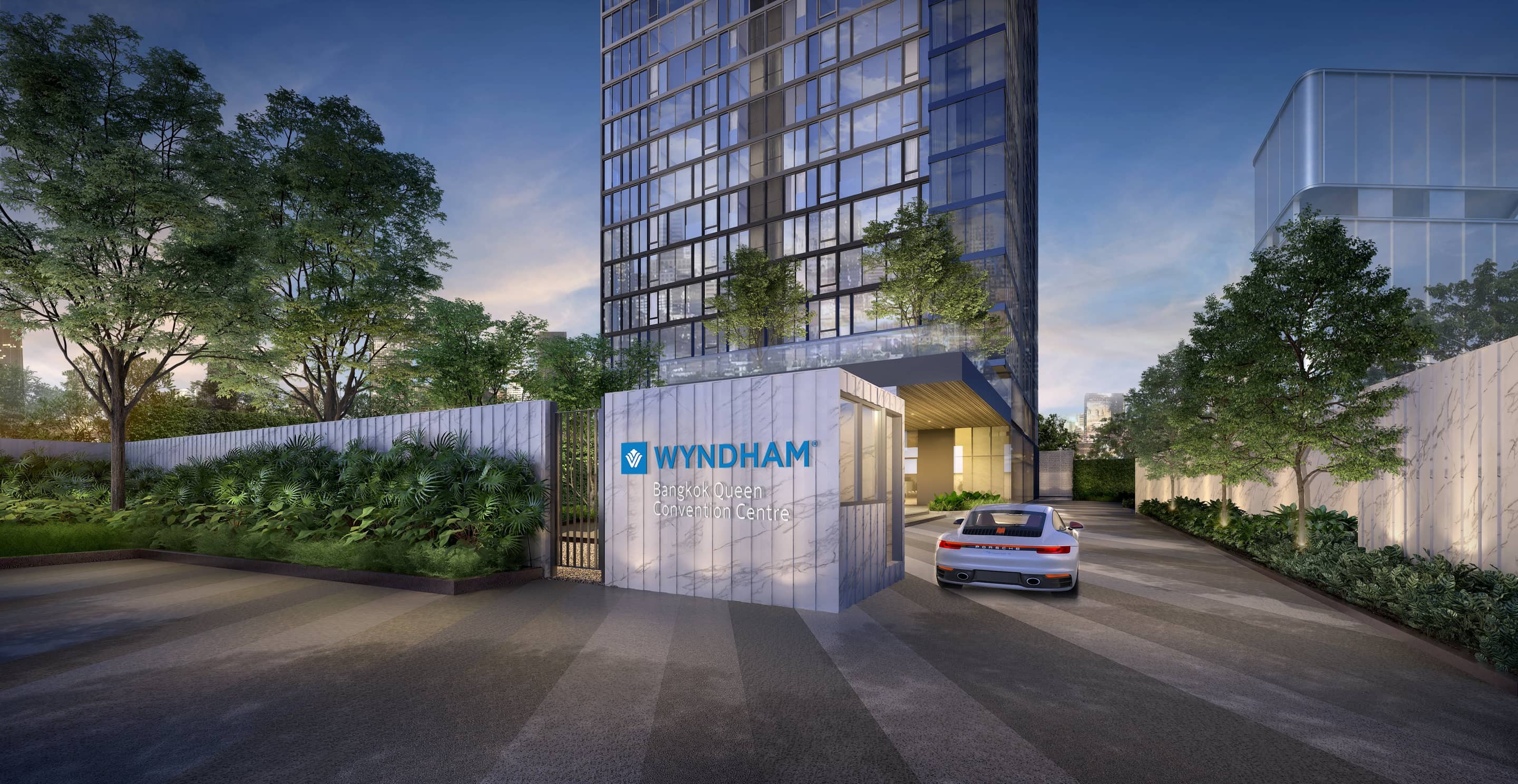 Siamese Exclusive Queens entrance drive at dusk, rendering