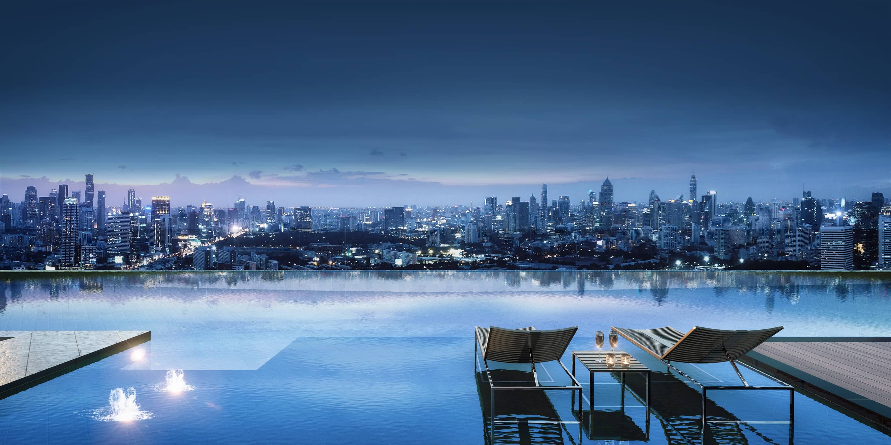 Siamese Exclusive Queens rooftop infinity pool at dusk, rendering