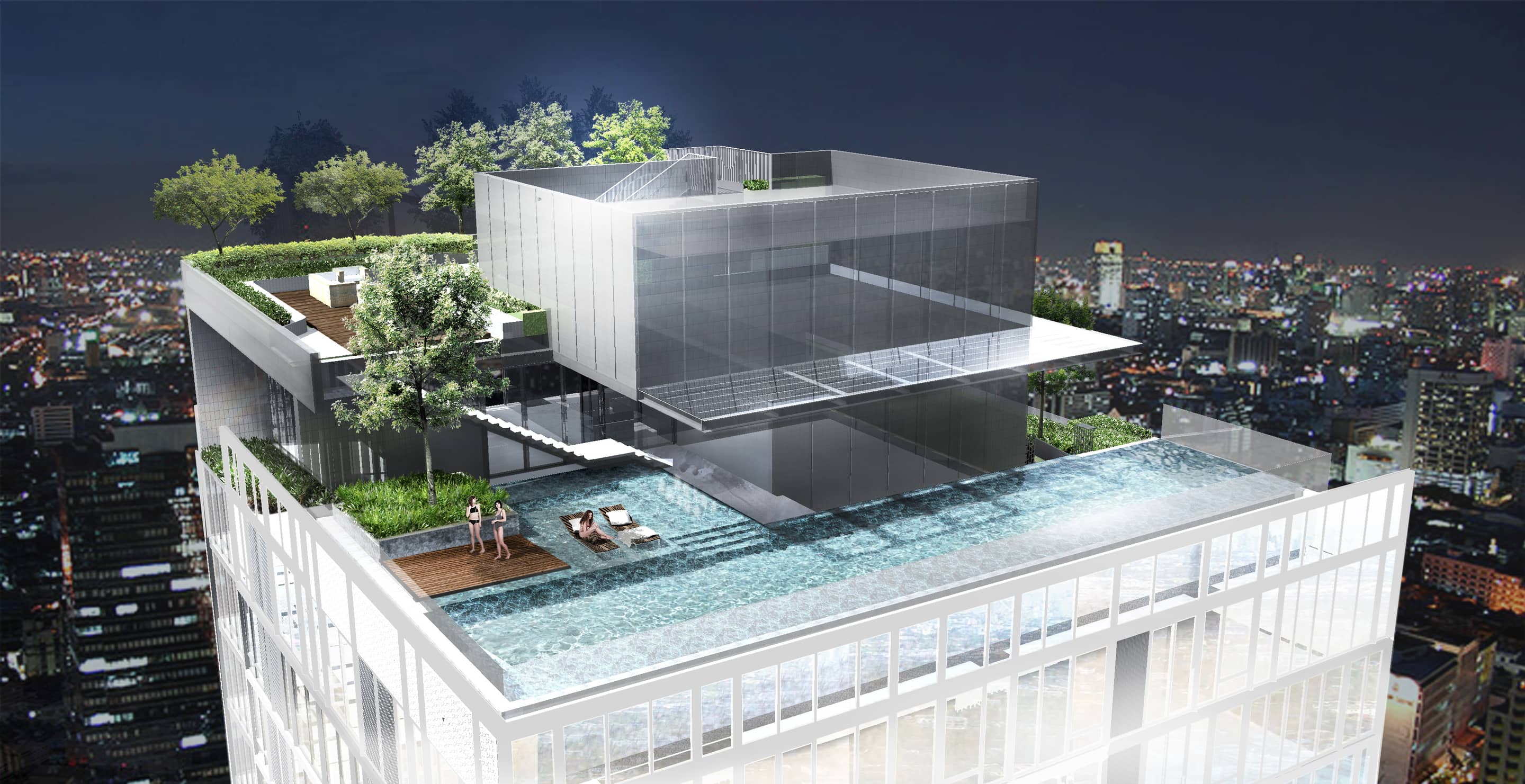 Siamese Exclusive Queens rooftop pool and garden at night, aerial rendering
