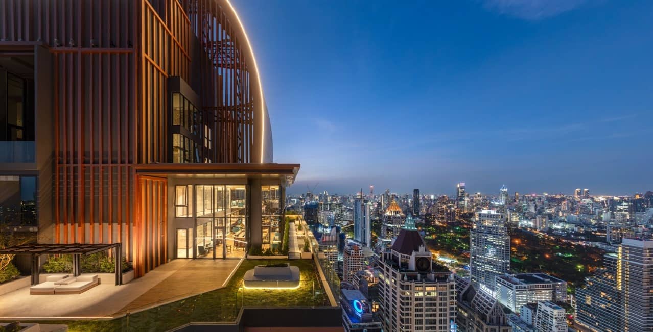 Supalai Icon Sathorn sky terrace on the 53rd and 54th floors with city view at dusk