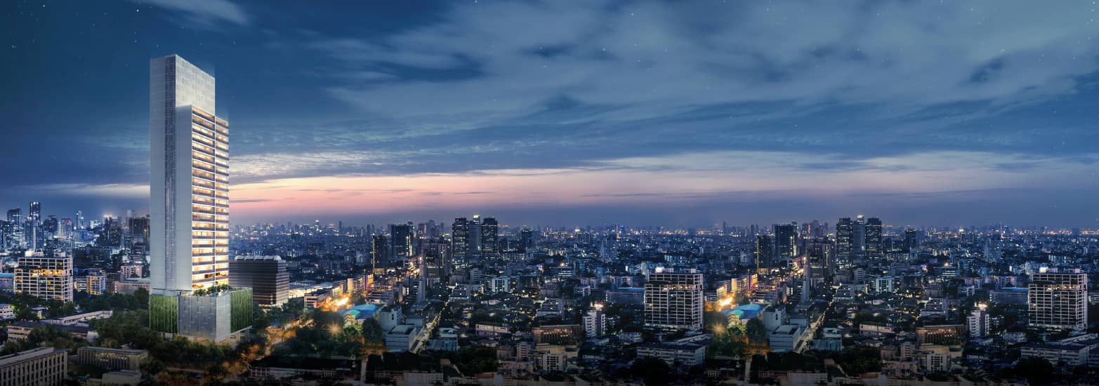 Tela Thonglor tower rendering above the Bangkok skyline at dusk