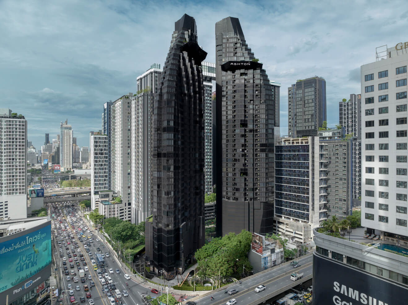 Ashton Asoke-Rama 9 aerial view of the two black towers among city buildings