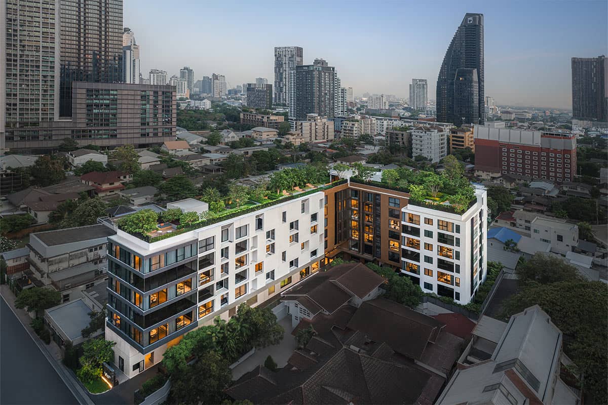 Via 34 low-rise building with planted roof terraces seen from above
